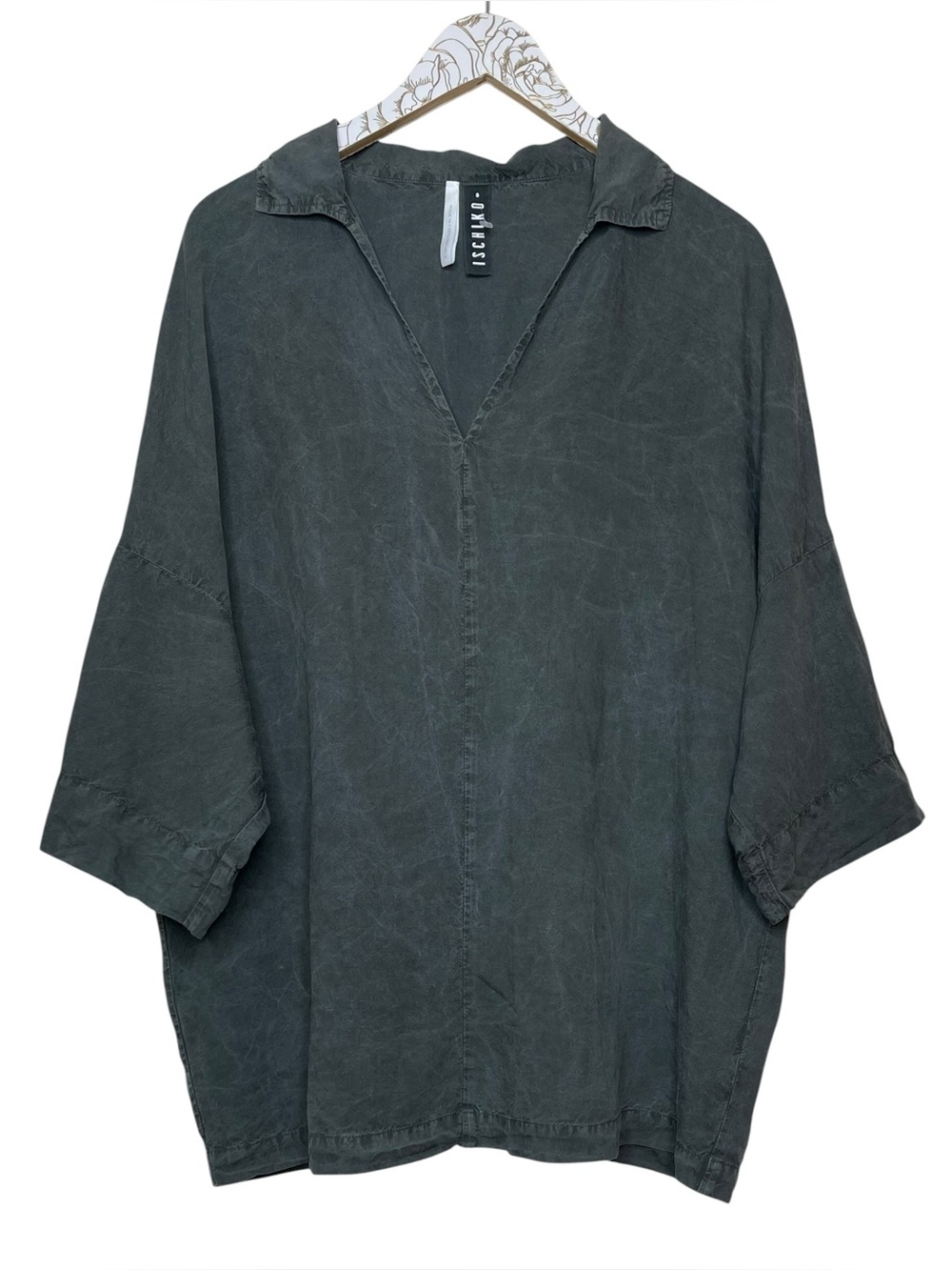 Ischiko Oska Blouse Oversized Tunic Lagenlook Size 3 Linen Top Flowy Drape Fluid